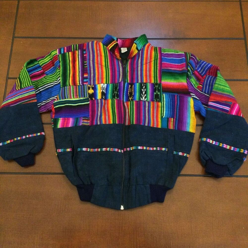 Vintage Guatemalan Hand-Woven Cotton Patchwork Jacket Colorful Tribal Serape xs